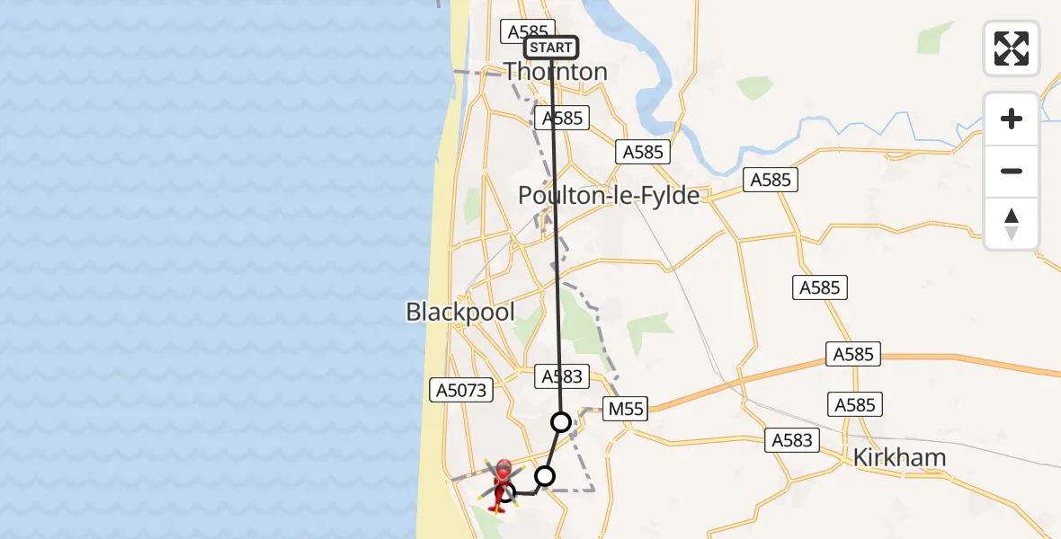 Flight path map showing Air Ambulance Helicopter route from Thornton to Blackpool Airport