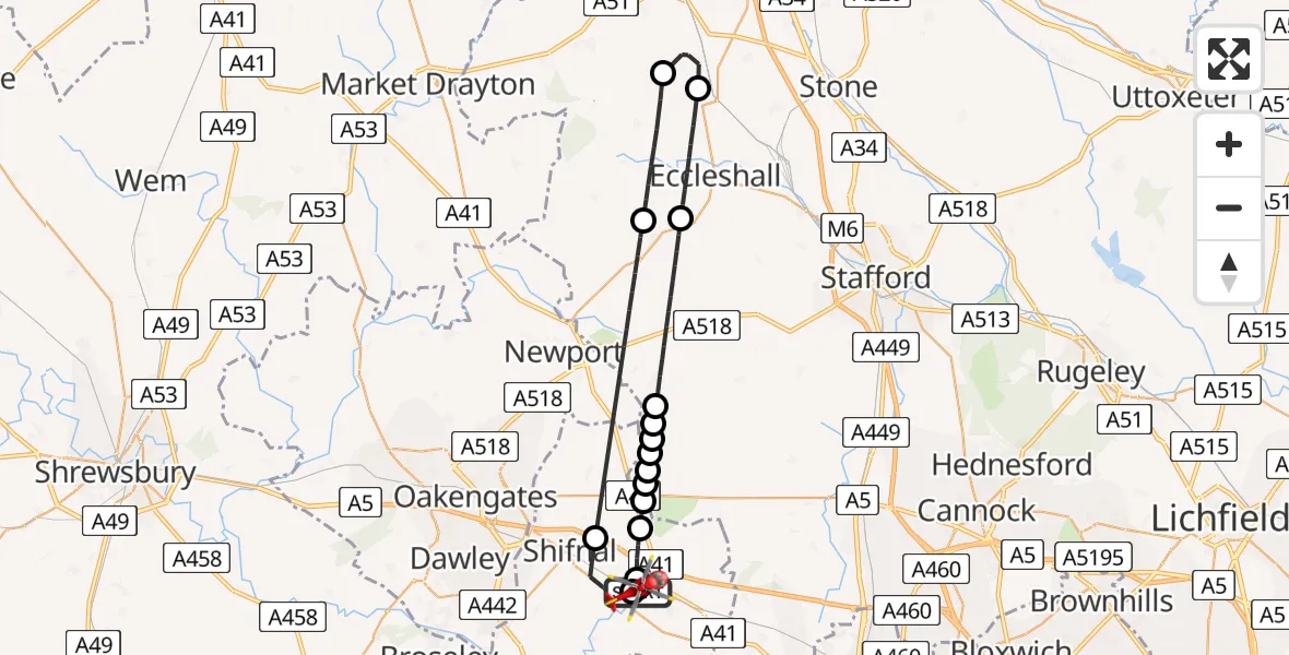 Flight path map showing Air Ambulance Helicopter route from RAF Cosford to Cosford