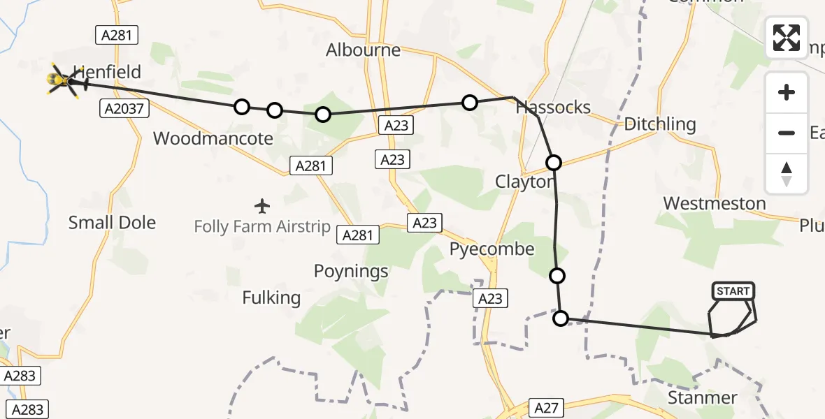 Flight path map showing Police Helicopter route from Lewes to Horsham