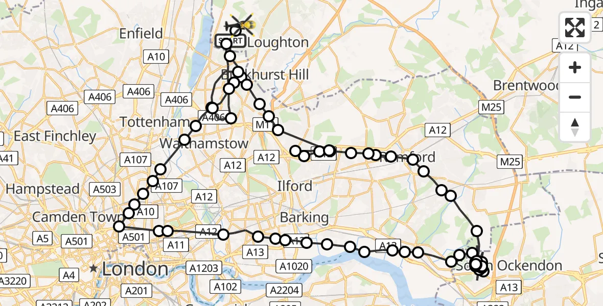 Flight path map showing Police Helicopter route from Sewardstonebury to Sewardstonebury