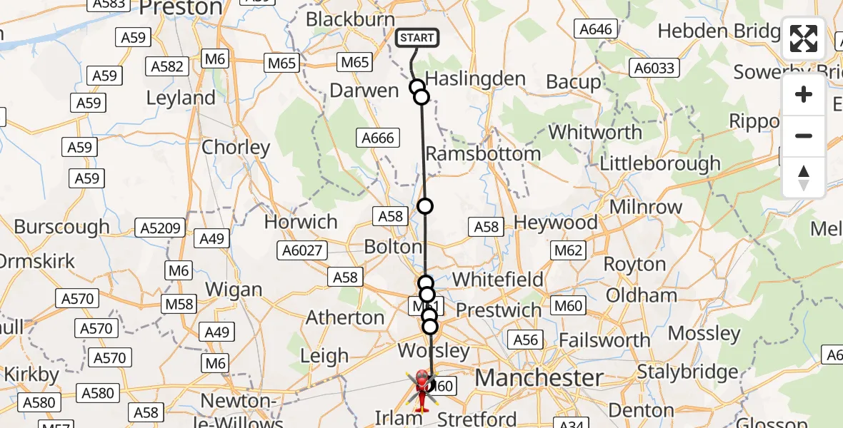 Flight path map showing Air Ambulance Helicopter route from Oswaldtwistle to Manchester Barton Aerodrome