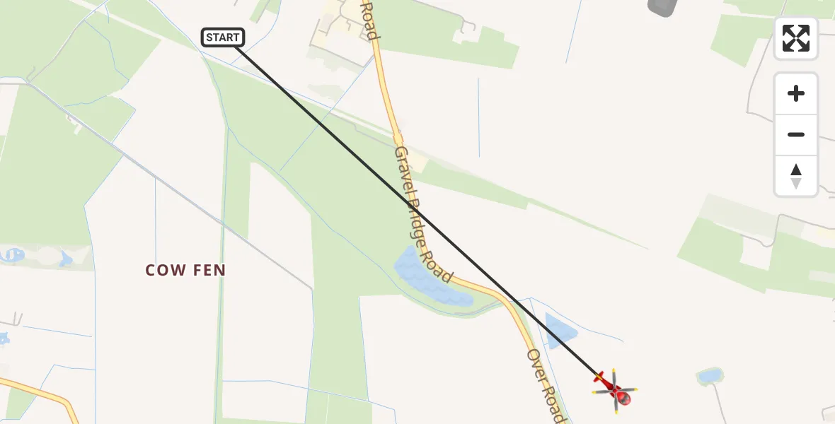Flight path map showing Air Ambulance Helicopter route from Over to Longstanton