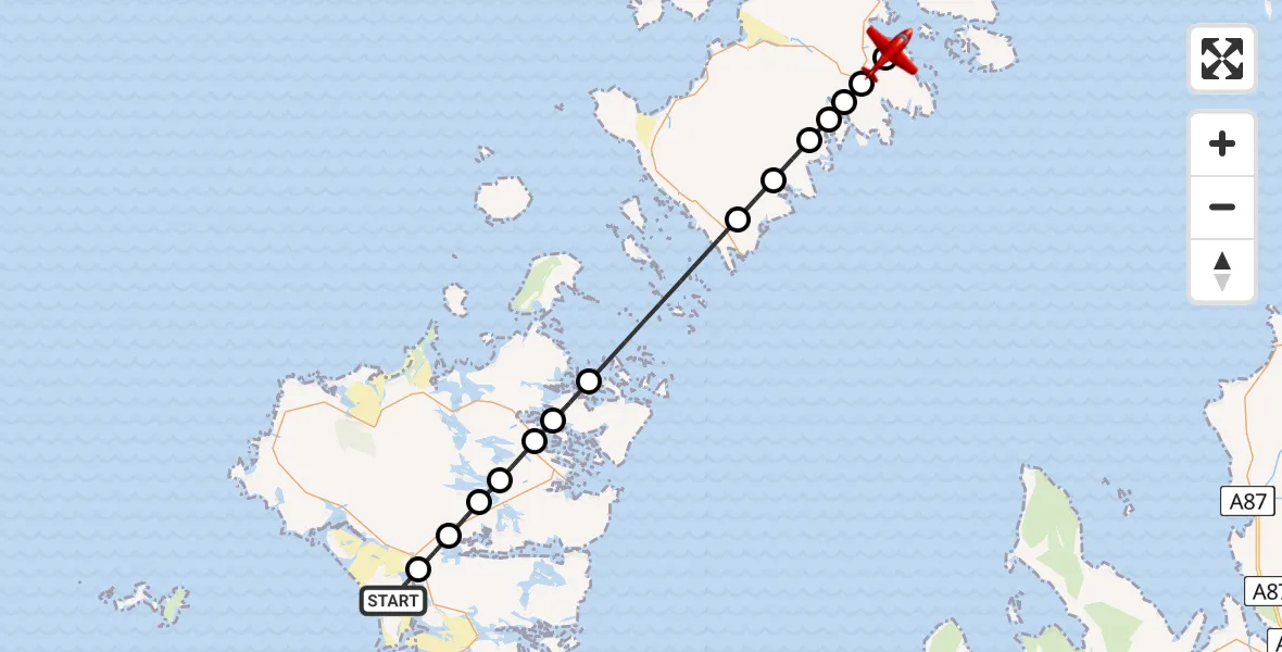Flight path map showing Air Ambulance Aircraft route from North Atlantic Ocean to Drinisiadar