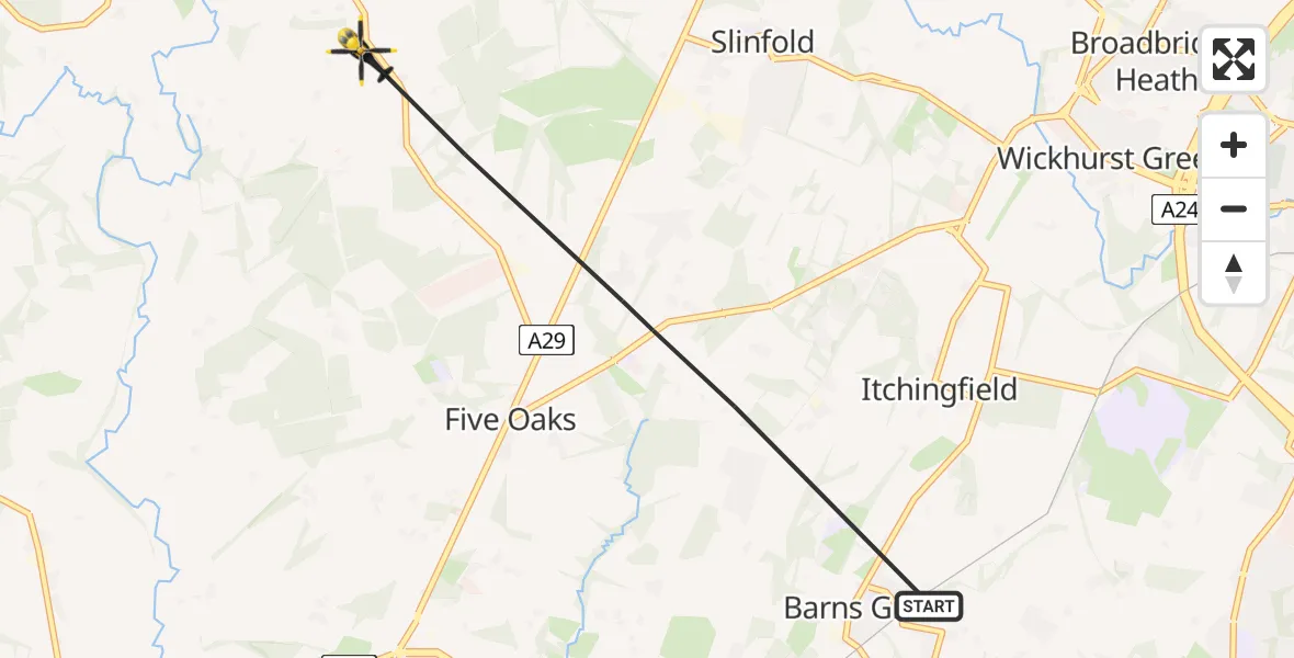 Flight path map showing Police Helicopter route from Horsham to Horsham