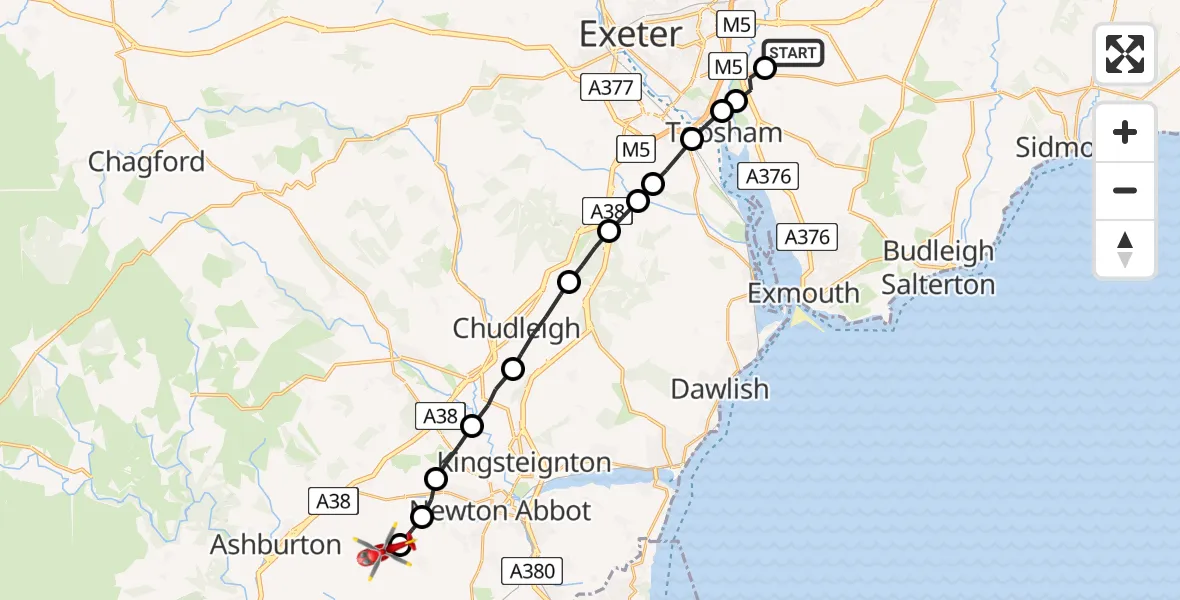 Flight path map showing Air Ambulance Helicopter route from Clyst Honiton to Denbury