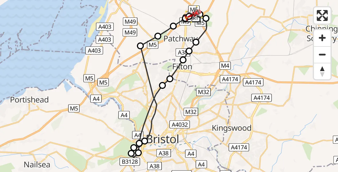 Flight path map showing Air Ambulance Helicopter route from Almondsbury Helicopter Base to Almondsbury Helicopter Base