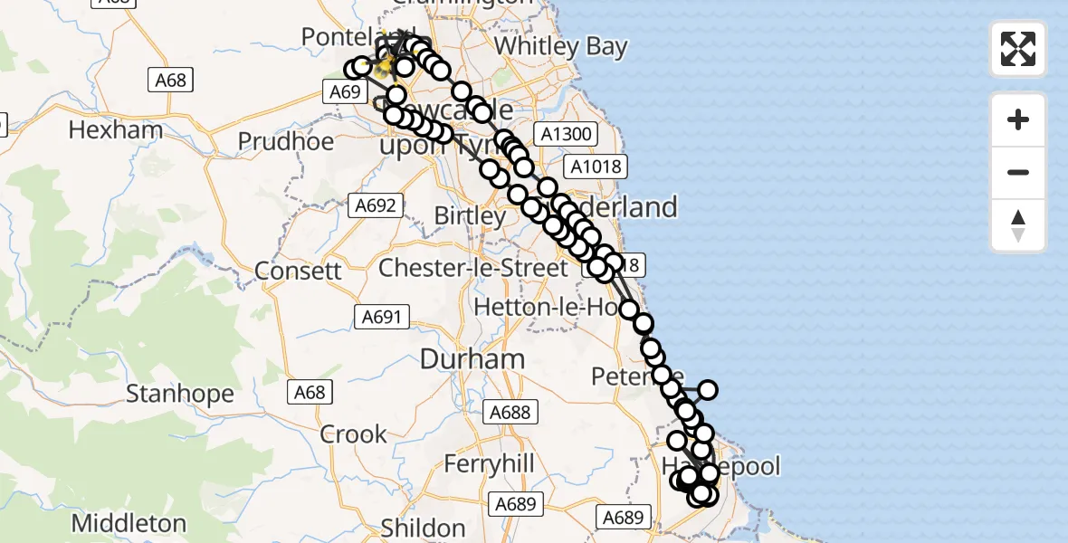 Flight path map showing Police Helicopter route from Newcastle International Airport to Newcastle International Airport