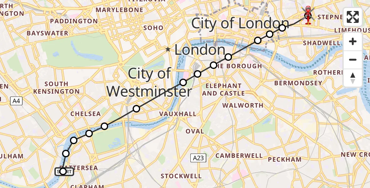 Flight path map showing Air Ambulance Helicopter route from London Heliport to Royal London Hospital