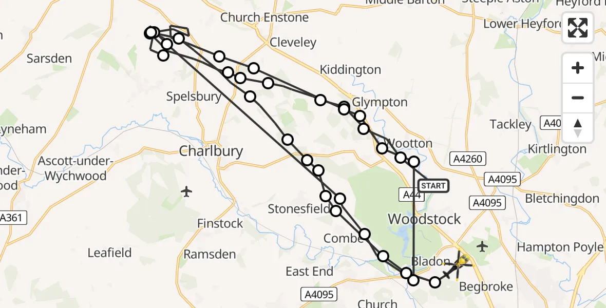 Flight path map showing Police Helicopter route from Woodstock to Begbroke