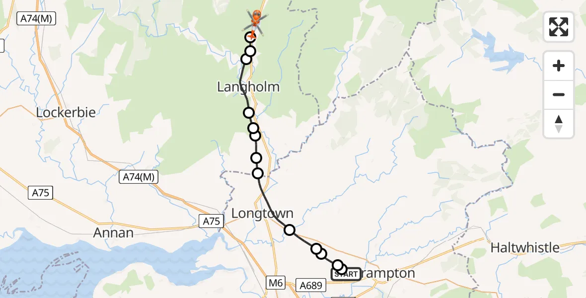 Flight path map showing Coastguard Helicopter route from Carlisle Lake District Airport to Arkleton