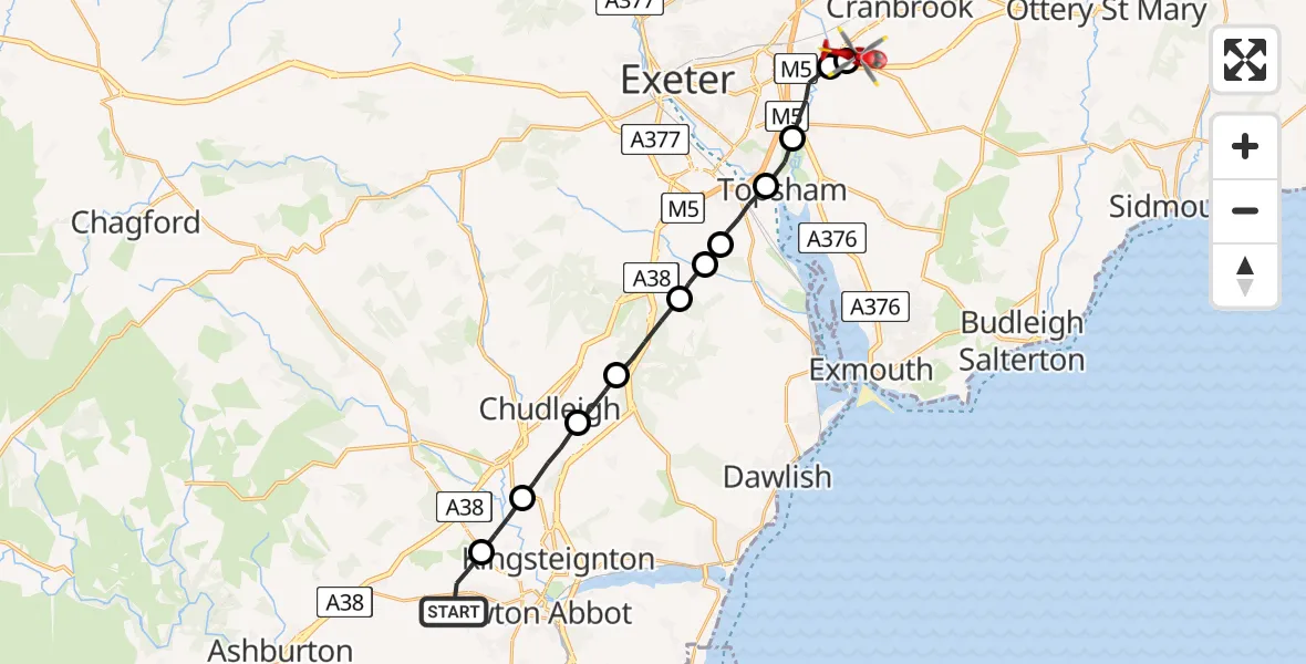 Flight path map showing Air Ambulance Helicopter route from Newton Abbot to Exeter International Airport