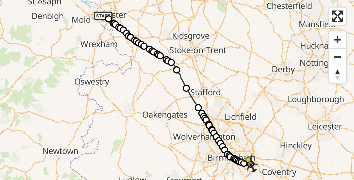 Flight path map showing Police Helicopter route from Saltney Ferry to Solihull