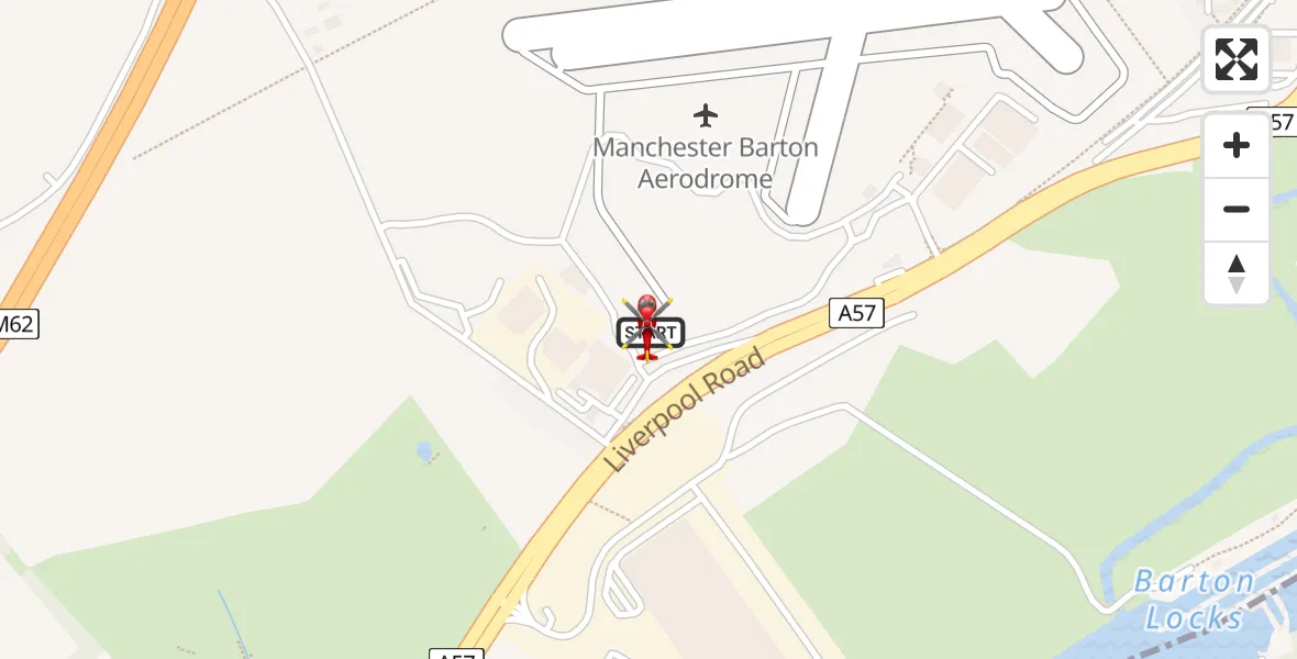 Flight path map showing Air Ambulance Helicopter route from Manchester Barton Aerodrome to Manchester Barton Aerodrome