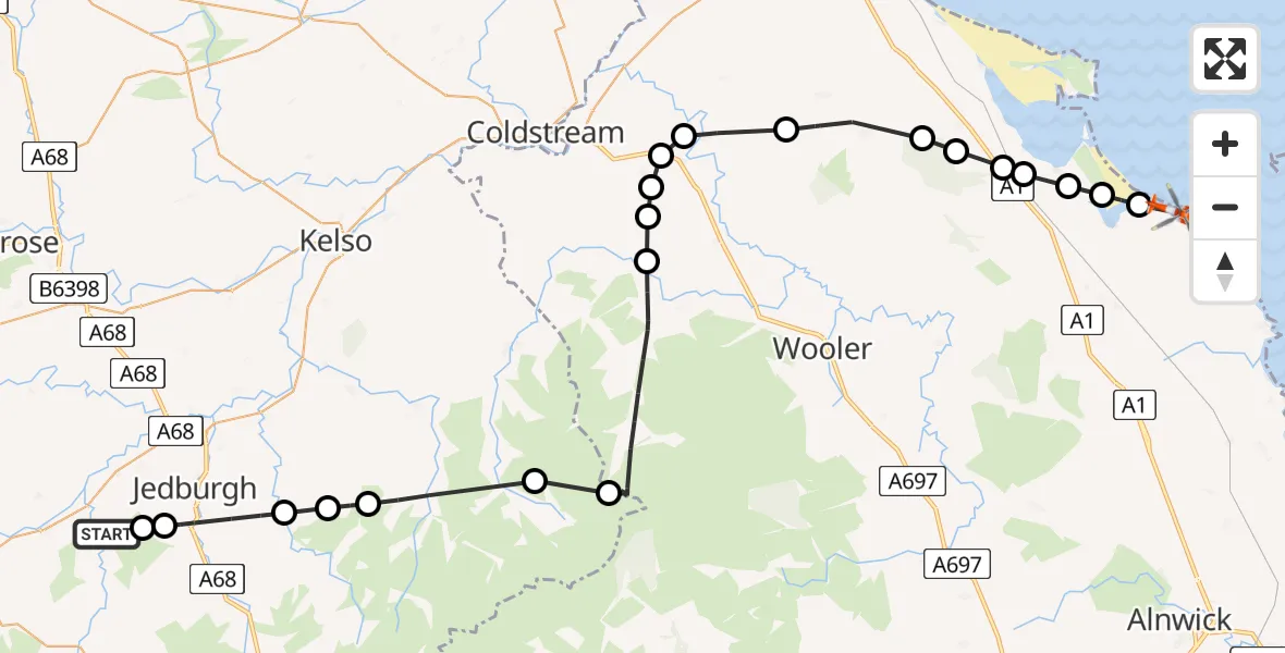 Flight path map showing Coastguard Helicopter route from Bedrule to Bamburgh