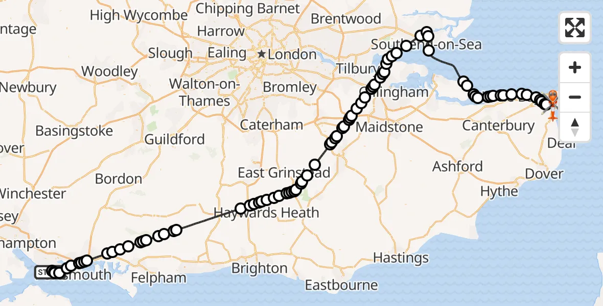 Flight path map showing Coastguard Helicopter route from Solent Airport to Manston Airport
