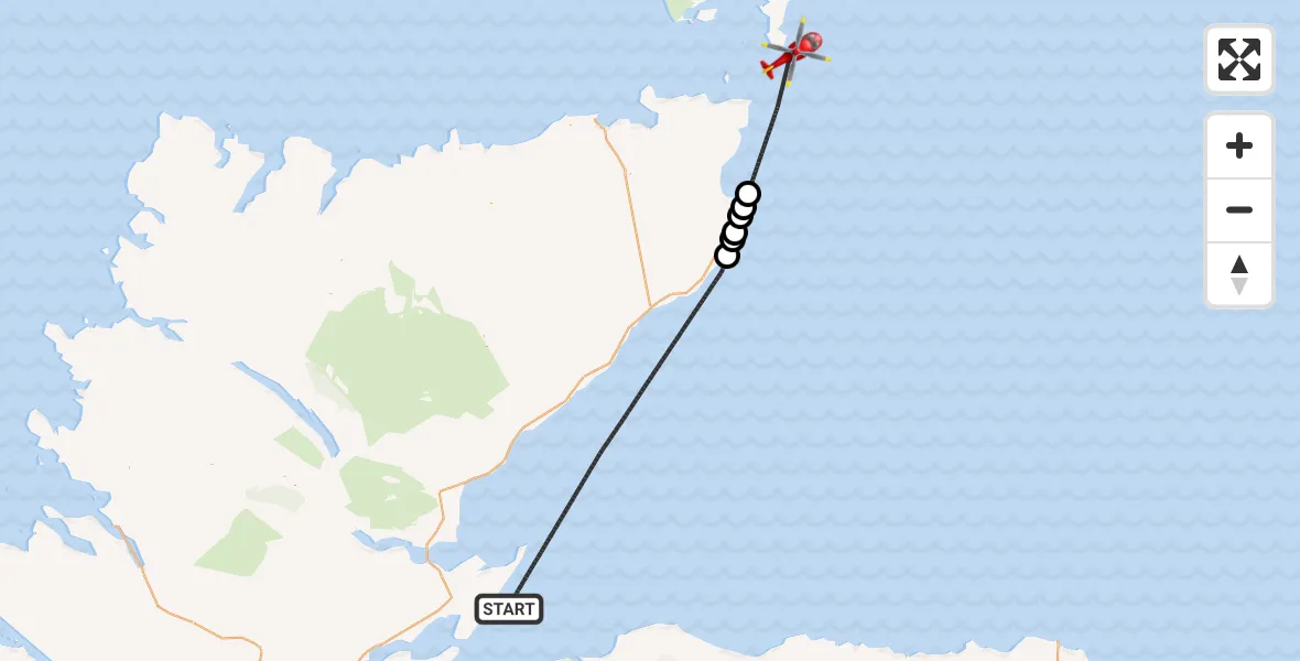 Flight path map showing Air Ambulance Helicopter route from North Sea to North Sea
