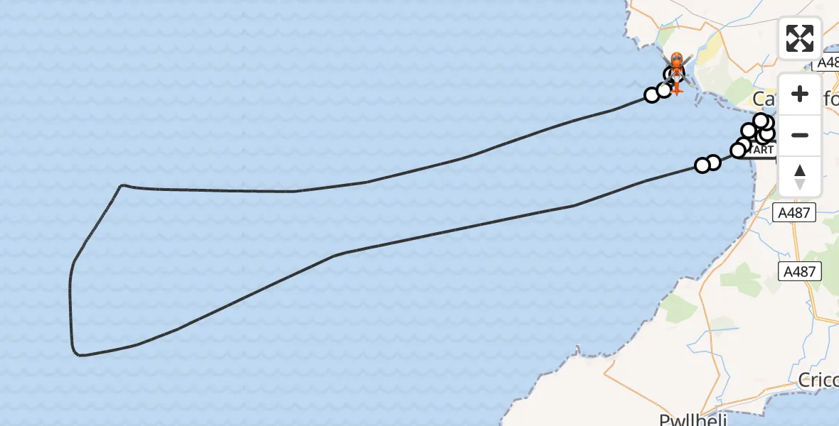 Flight path map showing Coastguard Helicopter route from Caernarfon Airport to Bodorgan
