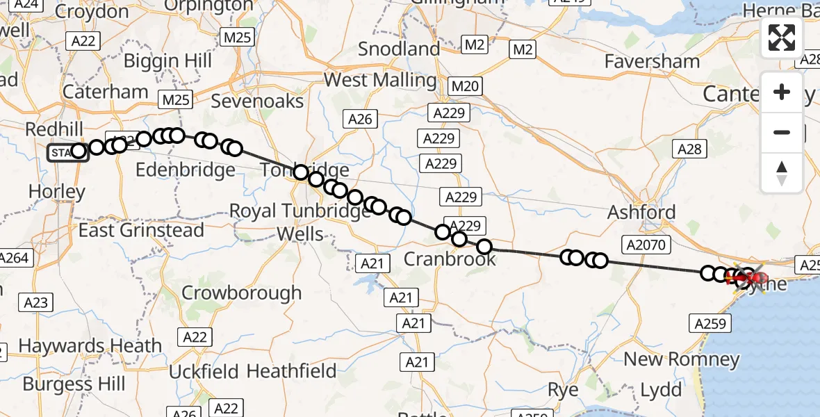 Flight path map showing Air Ambulance Helicopter route from Redhill Aerodrome to Saltwood
