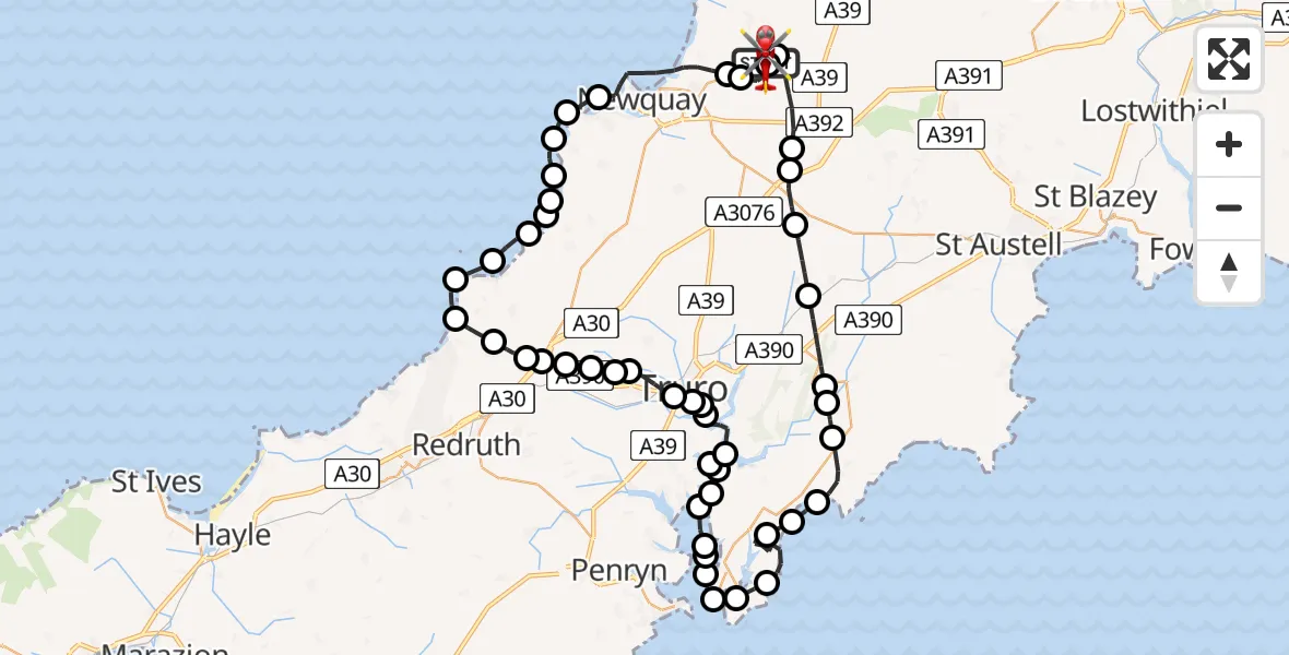Flight path map showing Air Ambulance Helicopter route from Cornwall Airport Newquay to Cornwall Airport Newquay