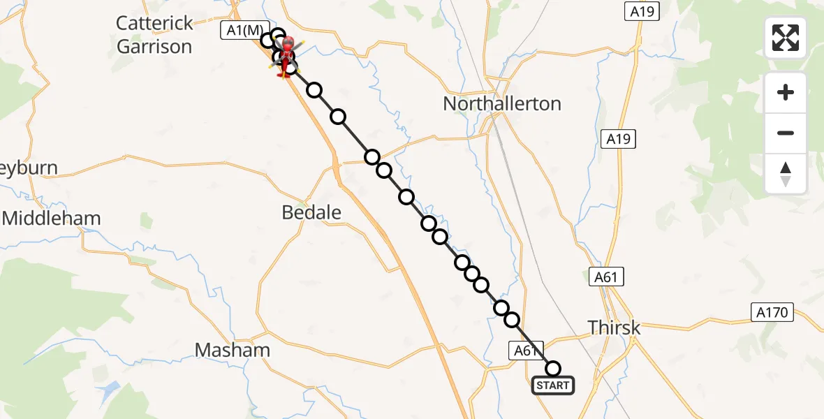 Flight path map showing Air Ambulance Helicopter route from RAF Topcliffe to Catterick