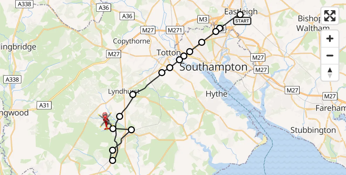 Flight path map showing Air Ambulance Helicopter route from Southampton Airport to Brockenhurst