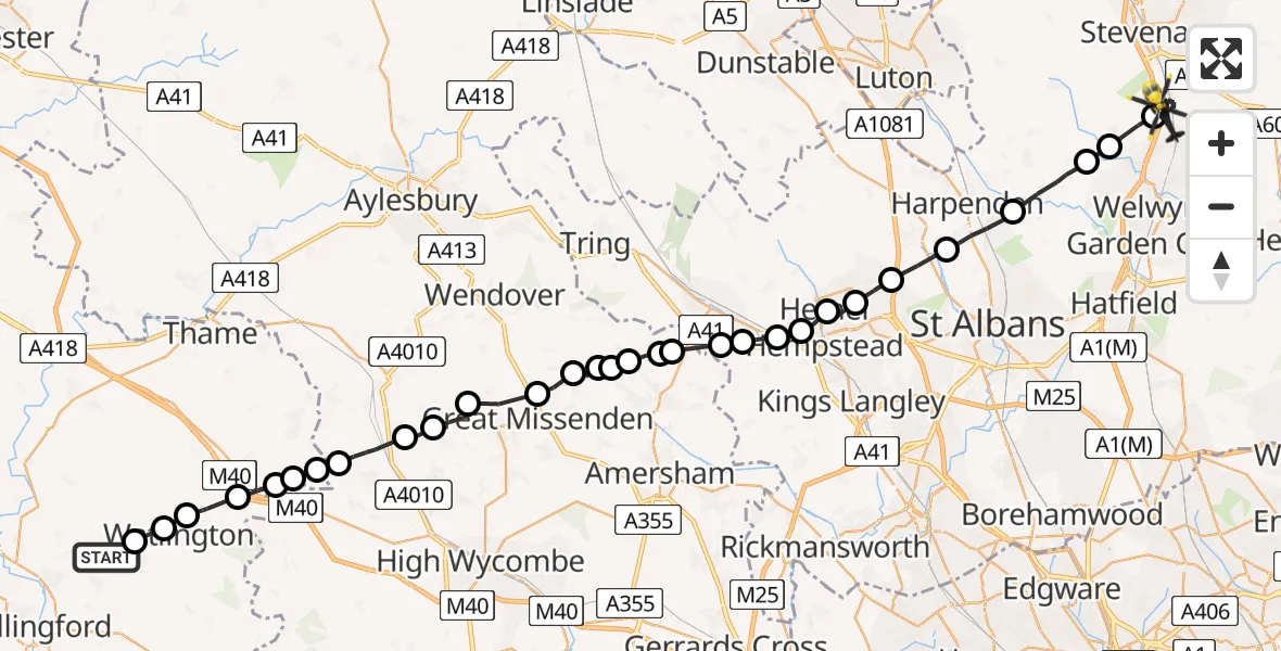 Flight path map showing Police Helicopter route from Cuxham to Knebworth