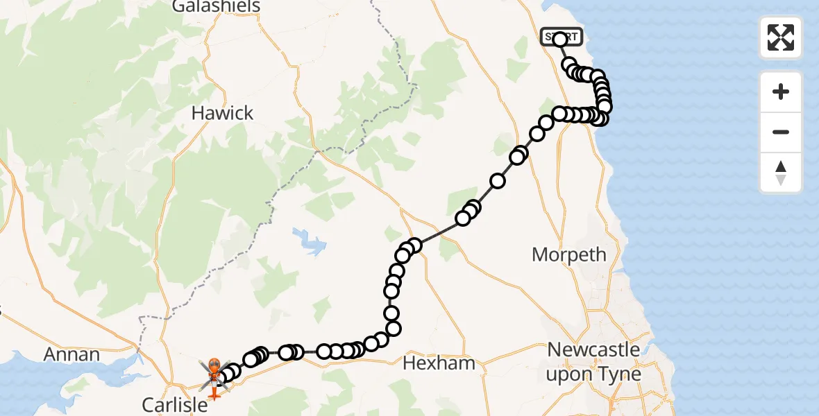 Flight path map showing Coastguard Helicopter route from Beadnell to Carlisle Lake District Airport