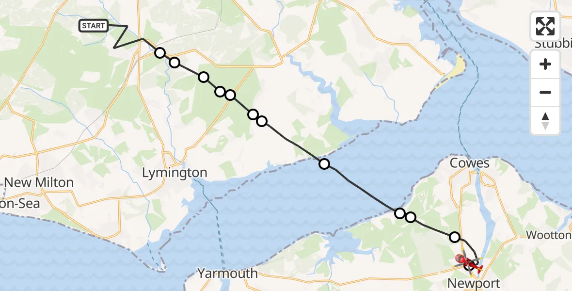 Flight path map showing Air Ambulance Helicopter route from Brockenhurst to St Marys Hospital Isle Of Wight