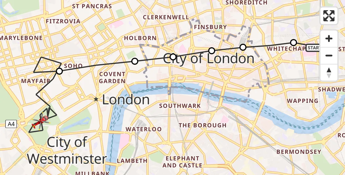 Flight path map showing Air Ambulance Helicopter route from Royal London Hospital to City of Westminster