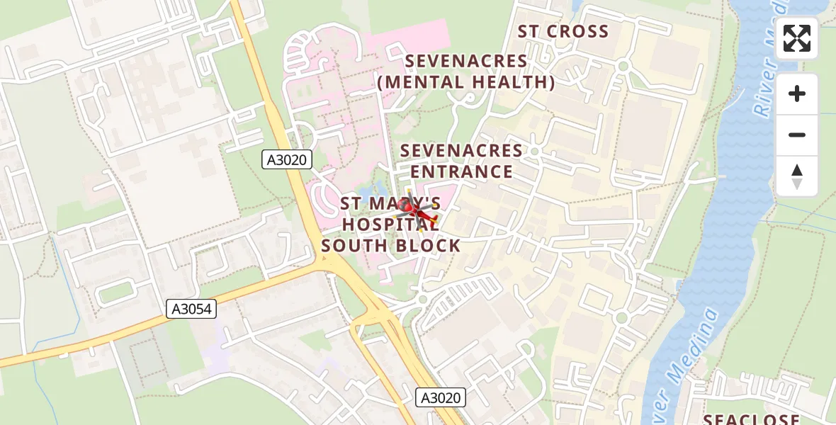 Flight path map showing Air Ambulance Helicopter route from St Marys Hospital Isle Of Wight to St Marys Hospital Isle Of Wight