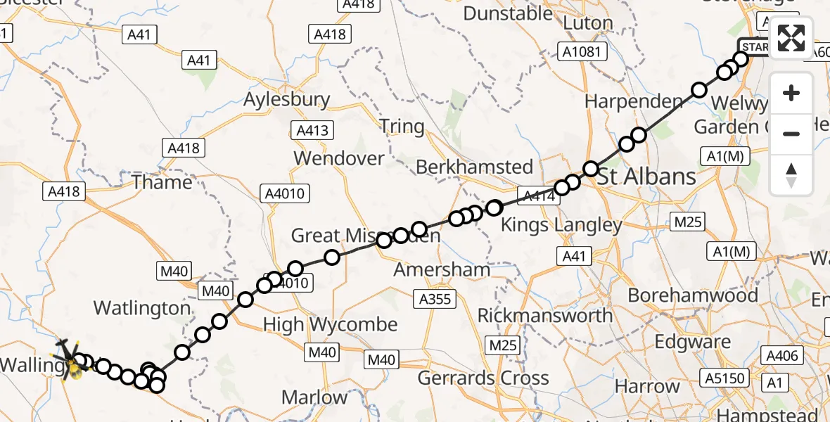 Flight path map showing Police Helicopter route from Knebworth to Crowmarsh Gifford