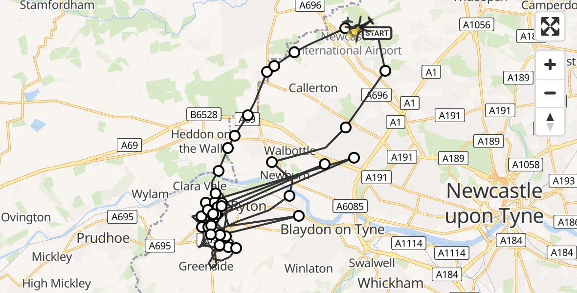 Flight path map showing Police Helicopter route from Newcastle International Airport to Newcastle International Airport