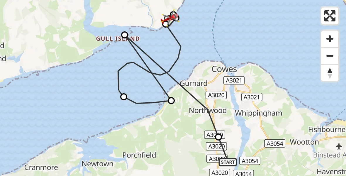 Flight path map showing Air Ambulance Helicopter route from Newport to New Forest