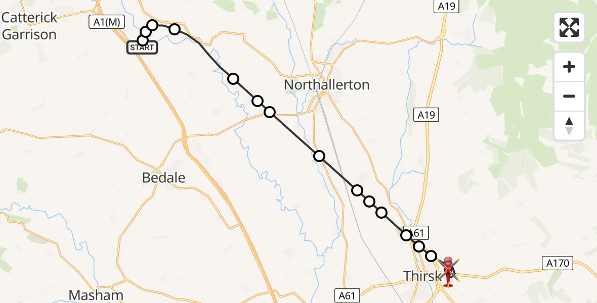 Flight path map showing Air Ambulance Helicopter route from Catterick to Thirsk