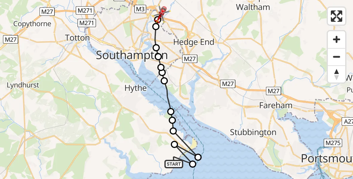 Flight path map showing Air Ambulance Helicopter route from Calshot to Mansbridge