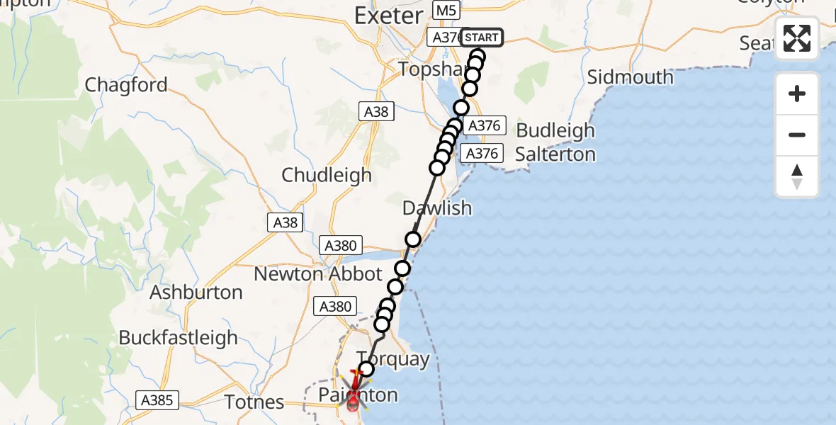 Flight path map showing Air Ambulance Helicopter route from Exeter to Paignton