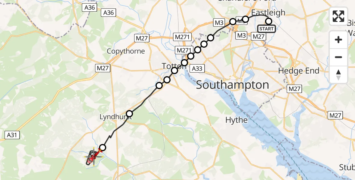 Flight path map showing Air Ambulance Helicopter route from Southampton Airport to Brockenhurst