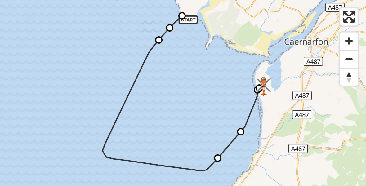 Flight path map showing Coastguard Helicopter route from Bodorgan to Caernarfon Airport