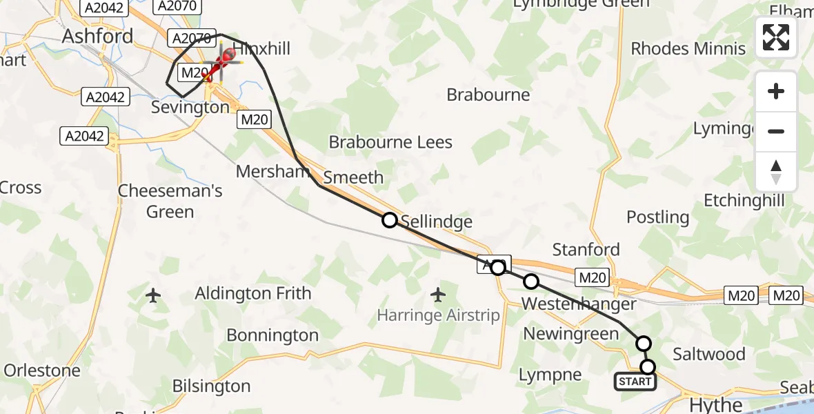Flight path map showing Air Ambulance Helicopter route from Saltwood to Ashford