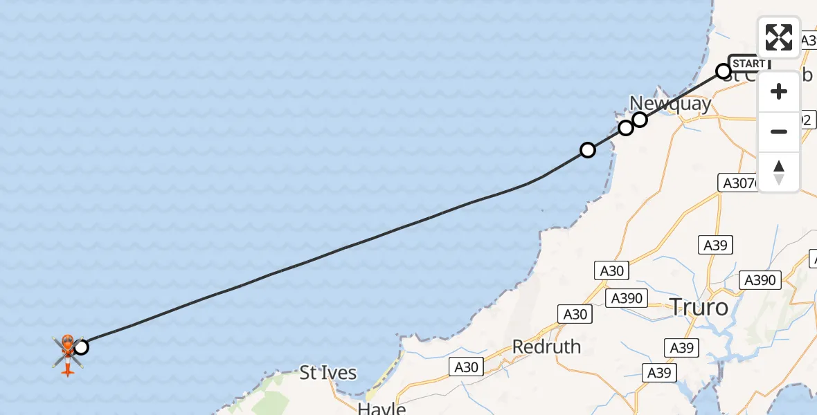Flight path map showing Coastguard Helicopter route from Cornwall Airport Newquay to North Atlantic Ocean