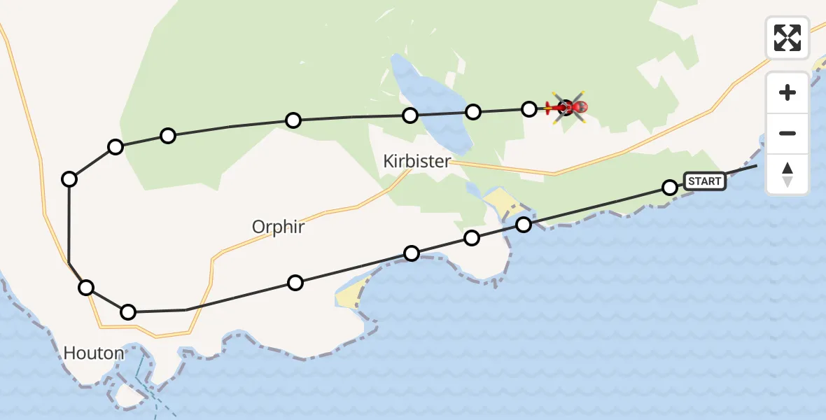 Flight path map showing Air Ambulance Helicopter route from Seafield to Searchlight Emplacement (Second World War) - Twartquoy