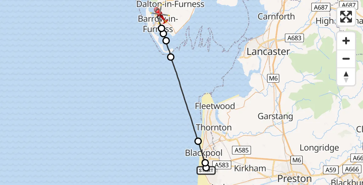 Flight path map showing Air Ambulance Helicopter route from Blackpool Airport to Barrow-in-Furness