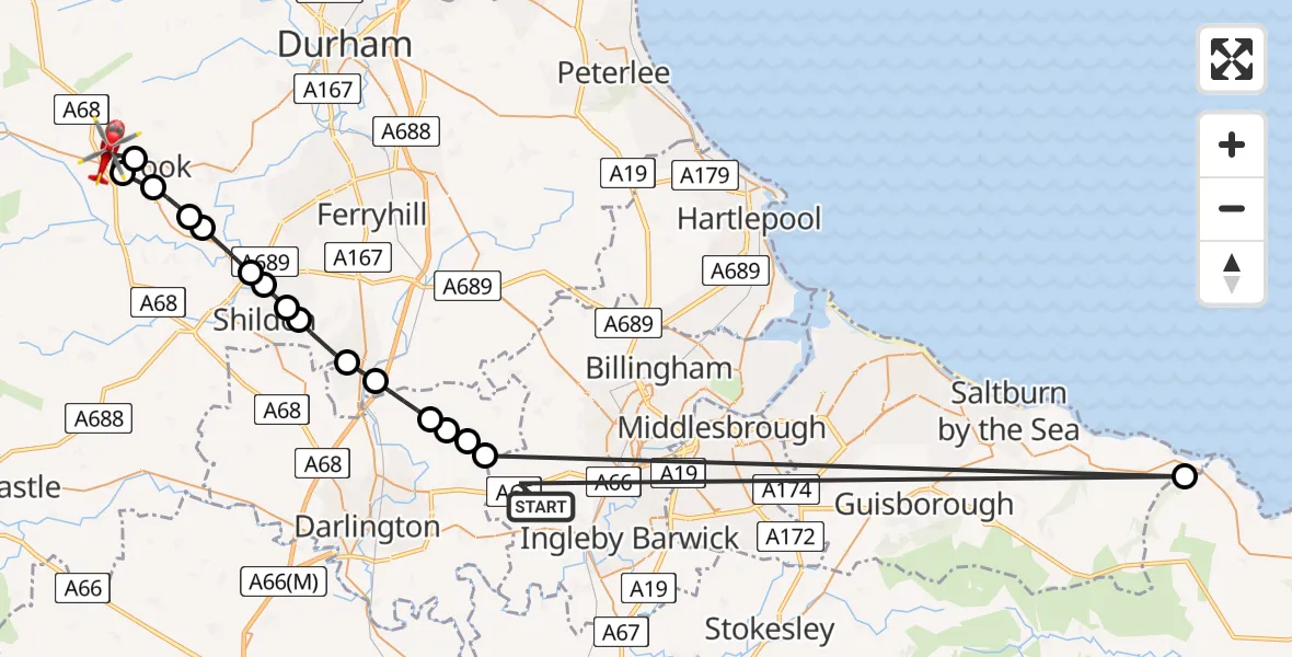 Flight path map showing Air Ambulance Helicopter route from Longnewton to Wolsingham