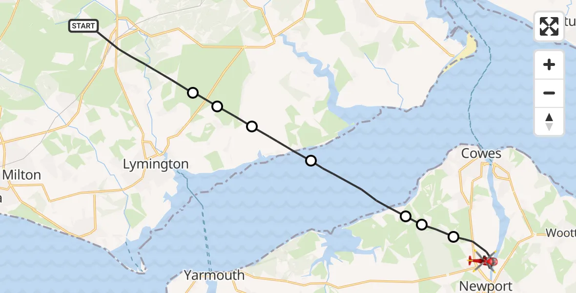 Flight path map showing Air Ambulance Helicopter route from Brockenhurst to Newport