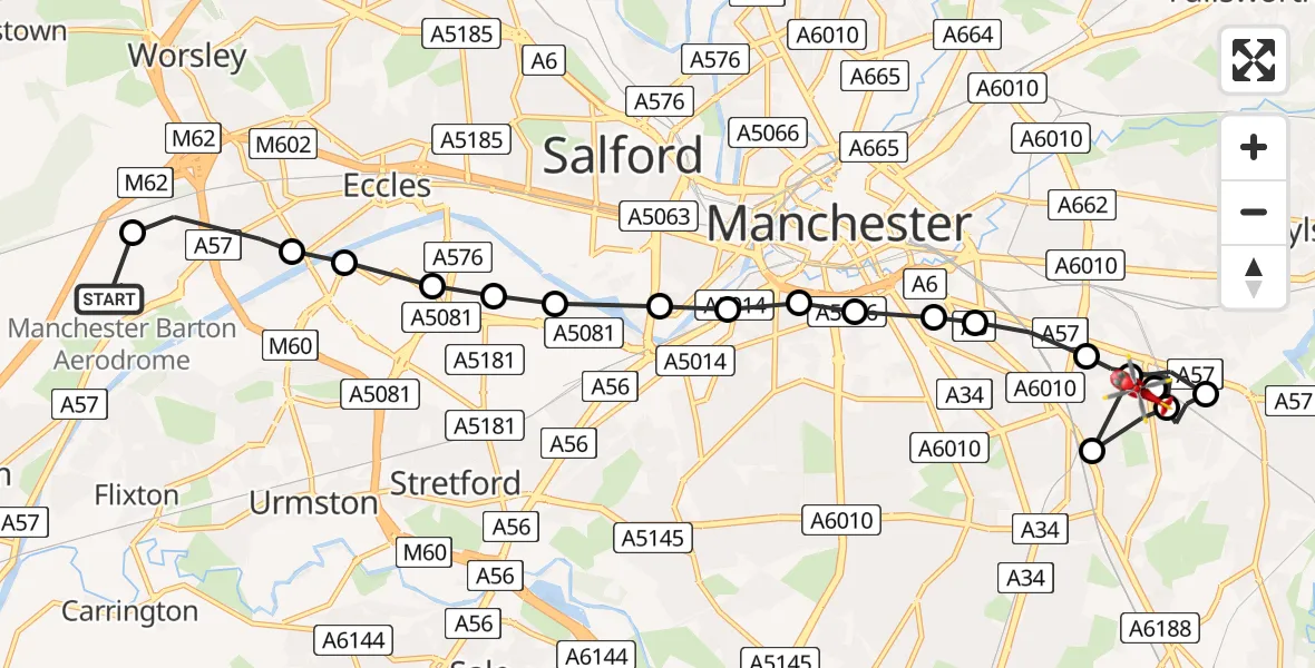 Flight path map showing Air Ambulance Helicopter route from Manchester Barton Aerodrome to Belle Vue