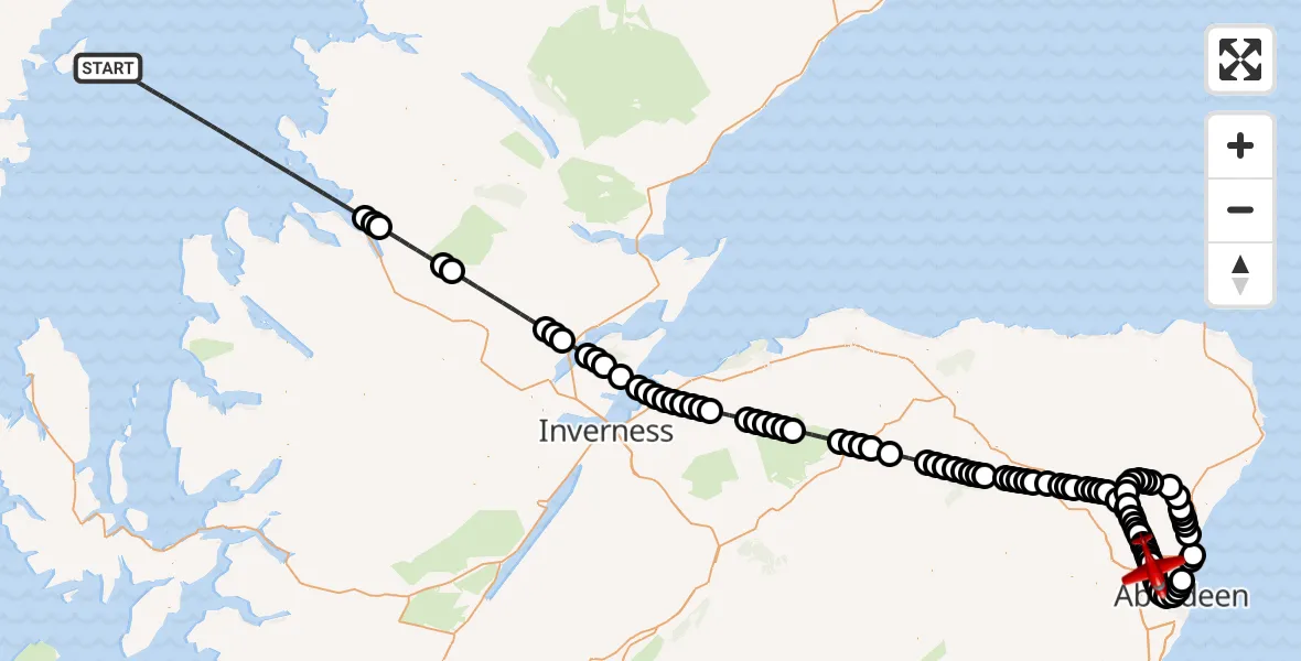 Flight path map showing Air Ambulance Aircraft route from Inner Seas to Aberdeen International Airport