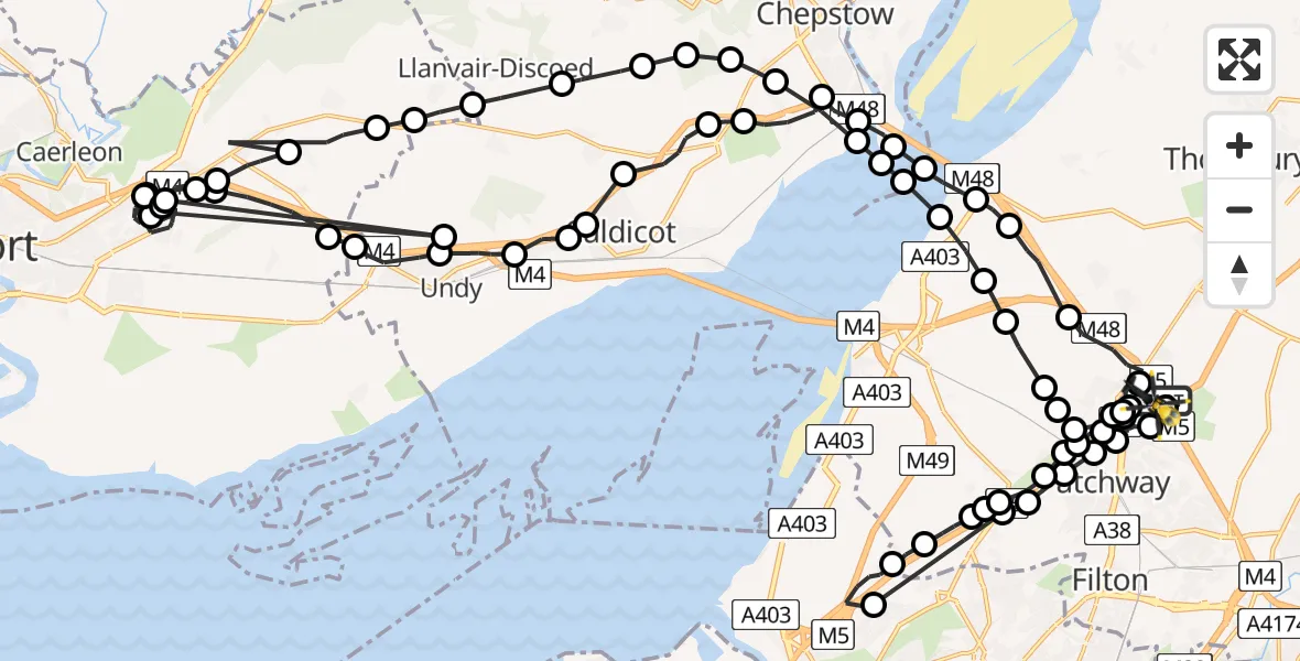 Flight path map showing Police Helicopter route from Almondsbury Helicopter Base to Almondsbury Helicopter Base
