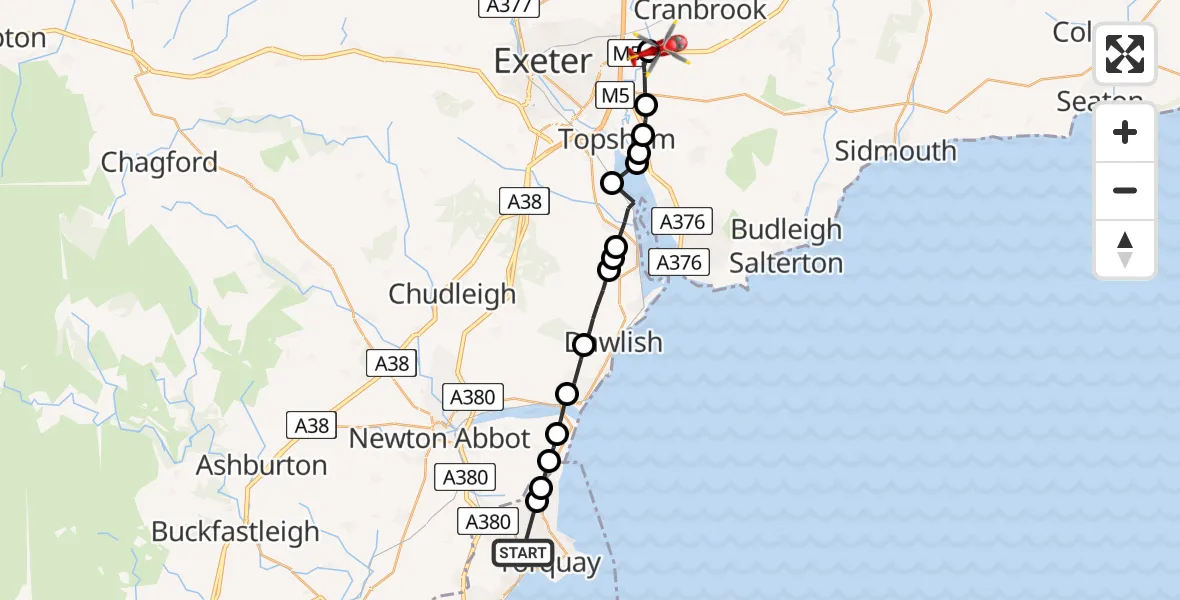 Flight path map showing Air Ambulance Helicopter route from Torquay to Clyst Honiton