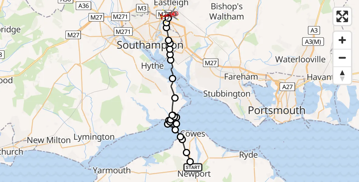 Flight path map showing Air Ambulance Helicopter route from St Marys Hospital Isle Of Wight to Southampton Airport