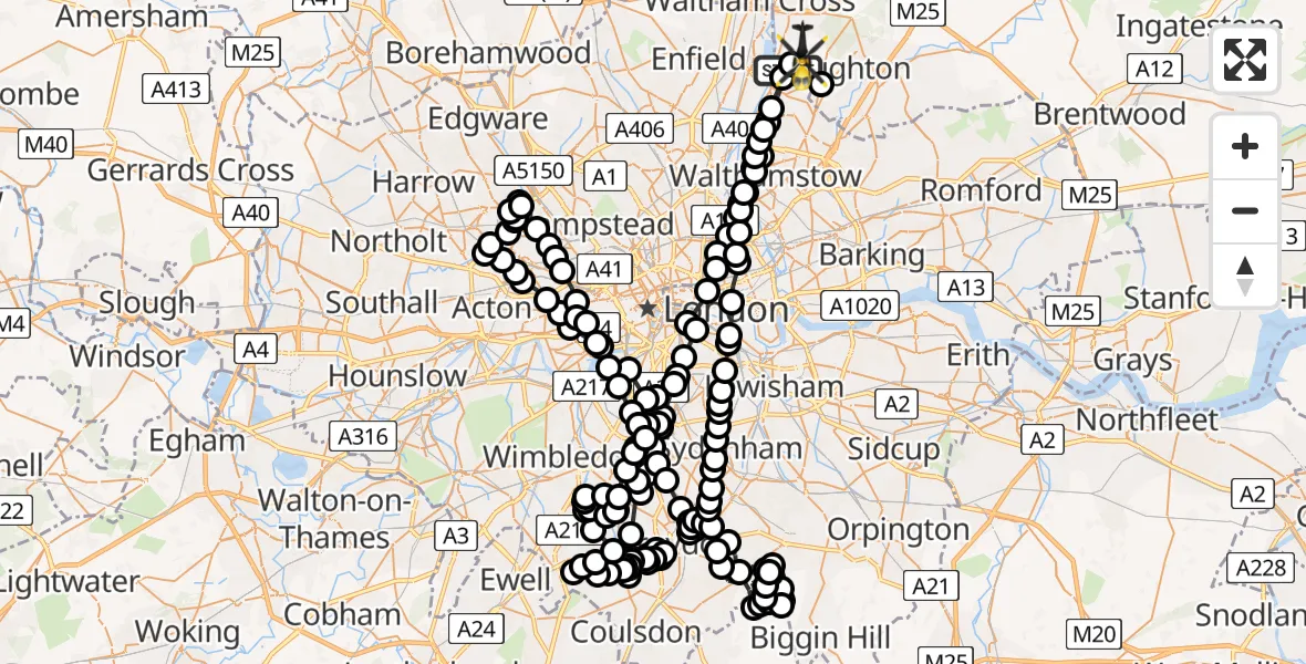 Flight path map showing Police Helicopter route from Chingford to Metropolitan Police Air Support Unit Lippitts Hill